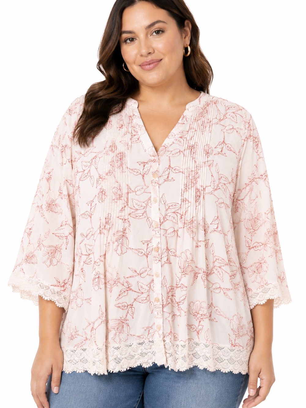 Floral Lace-Trim Blouse V Neck Top 3/4 Sleeves Button Down Cottagecore Sz L